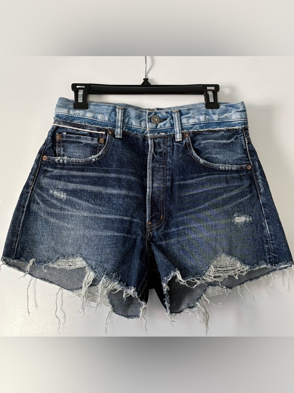 Moussy Dark Wash/ two toned Distressed Denim Shorts